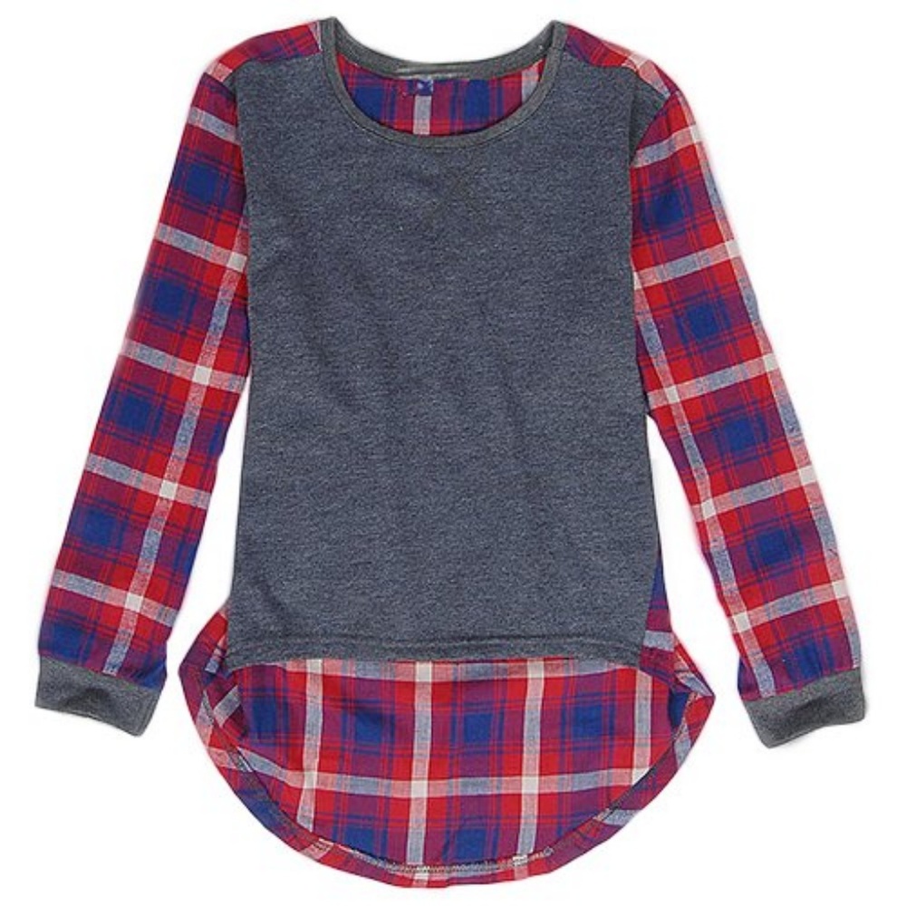 Long Sleeve High Low Gray Plaid Color Block Shirt - Picture 5 of 8